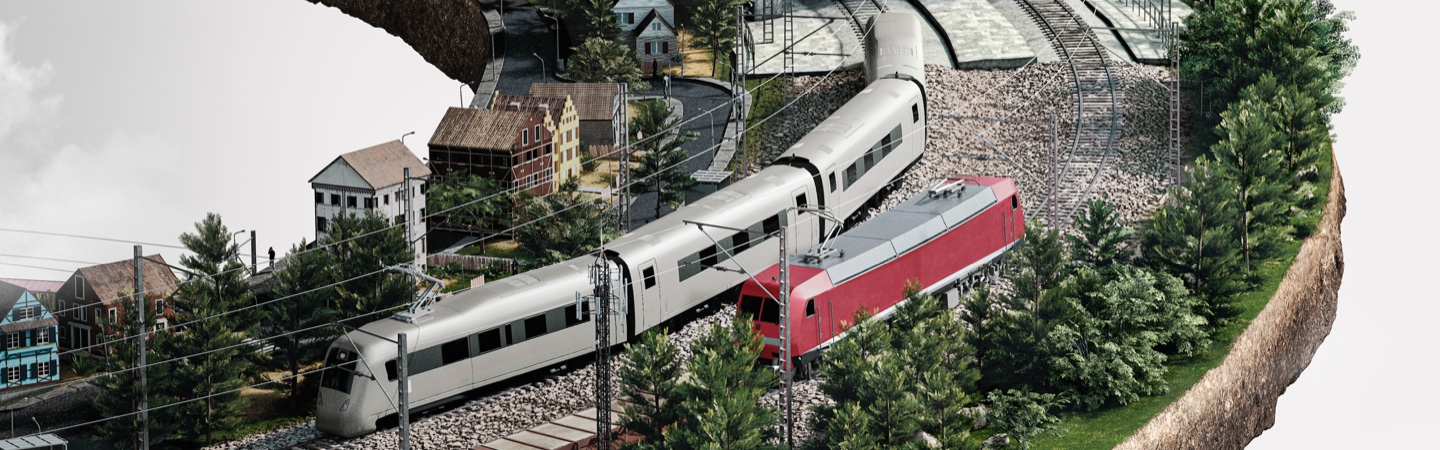 Virtuelle Aufnahme einer Regionalbahn und eines Hochgeschwindigkeitszugs.