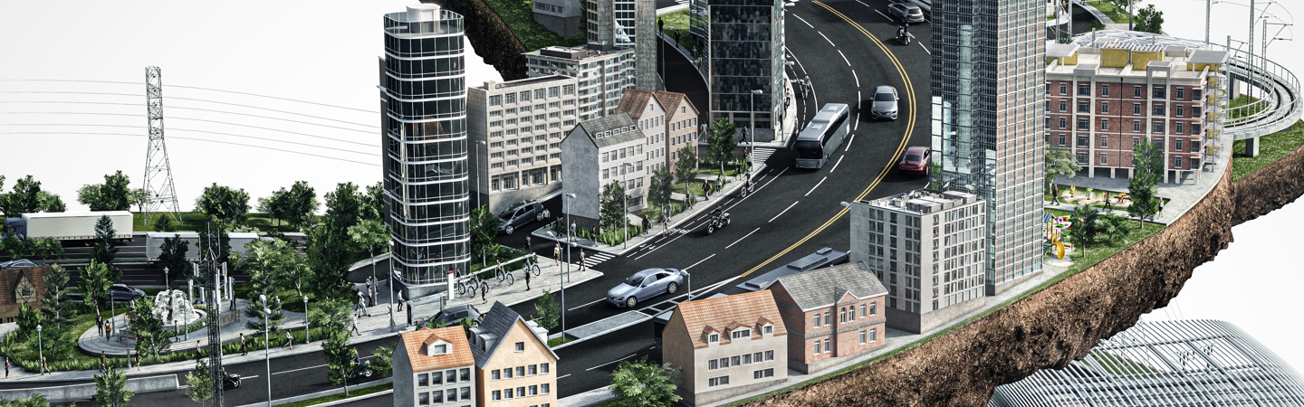 Virtuelle Aufnahme eines Straßenverlaufs entlang eines städtischen Gebiets mit Straßenverkehr.