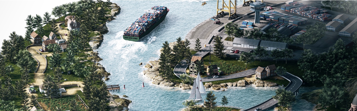 Virtuelle Aufnahme eines Flusses mit einem Containerschiff.