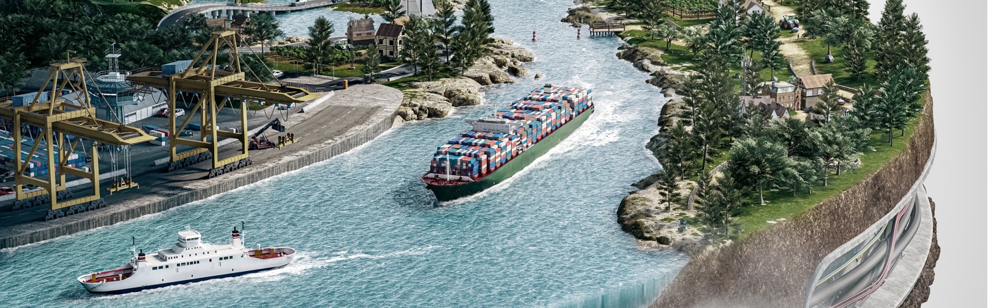 Virtuelle Aufnahme einer Wasserstraße mit einer Fähre und einem Containerschiff.